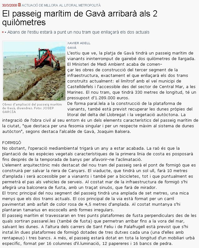 Notícia publicada al diari EL PERIÓDICO sobre la construcció del nou tram del passeig marítim de Gavà Mar (30 de març de 2008)